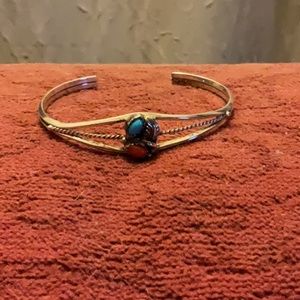 Native American sterling silver with coral and turquoise cuff bracelet vintage